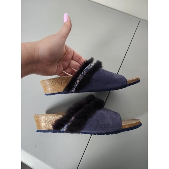Birkenstock Papillio Amber Wedge Mule Sandals Size 38/ 7 Blue Fur Trim - Picture 7 of 7